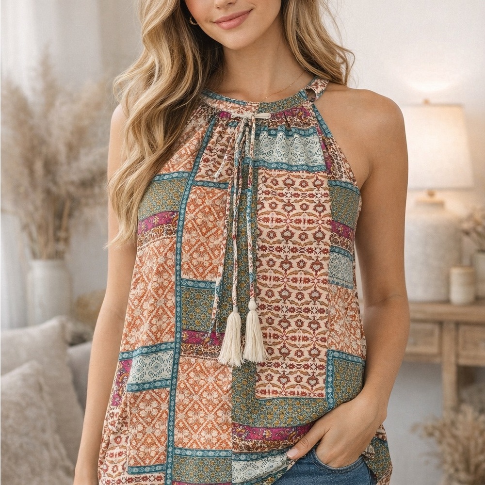 Rose & Olive Multicolor Patchwork Halter Top Womens M Tassels Boho Cottagecore